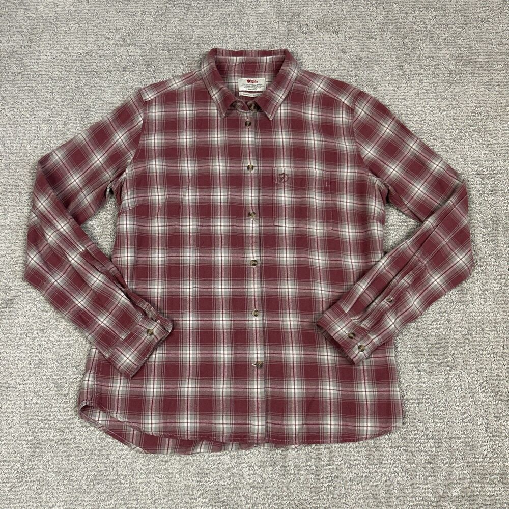 Fjallraven Shirt Womens Large Pink Gray Cream Plaid Flannel Ovik Cotton Outdoor